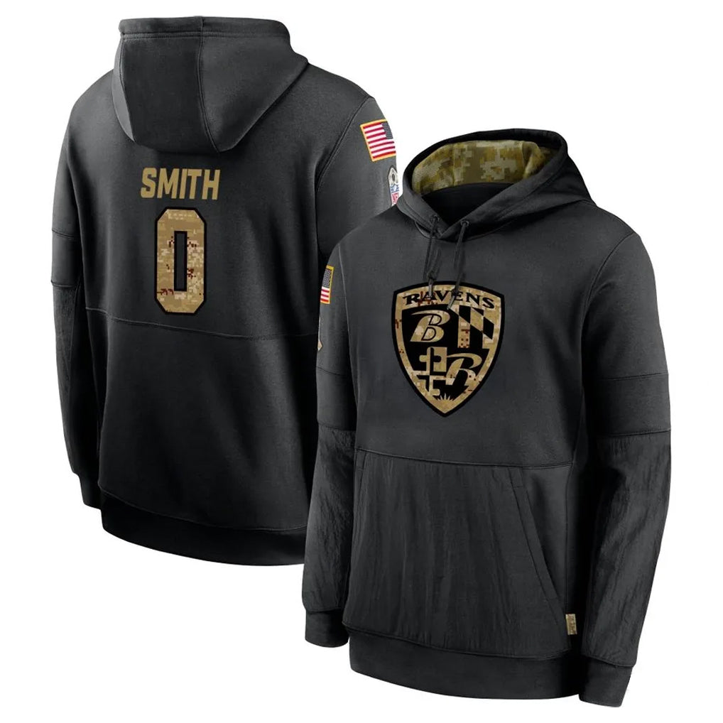 Davalo B.Ravens #0 Roquan Smith Player Black Salute to Service Pullover Hoodie Stitched Jerseys