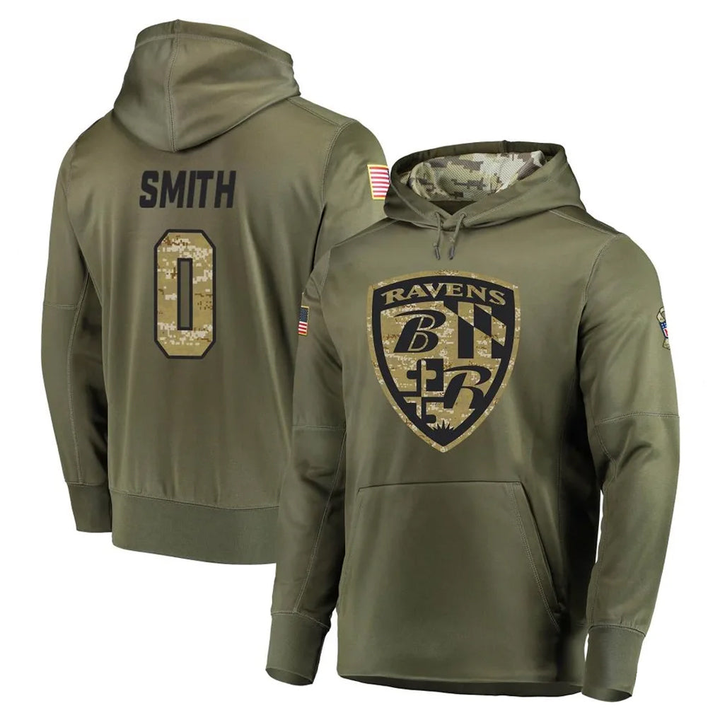 Davalo B.Ravens #0 Roquan Smith Player Olive Salute to Service Pullover Hoodie Stitched Jerseys