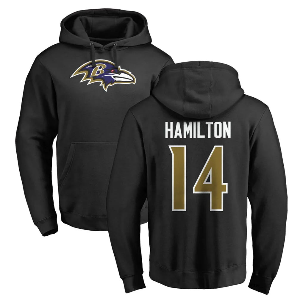 Davalo B.Ravens #14 Kyle Hamilton Player Black Pullover Hoodie Stitched Jerseys