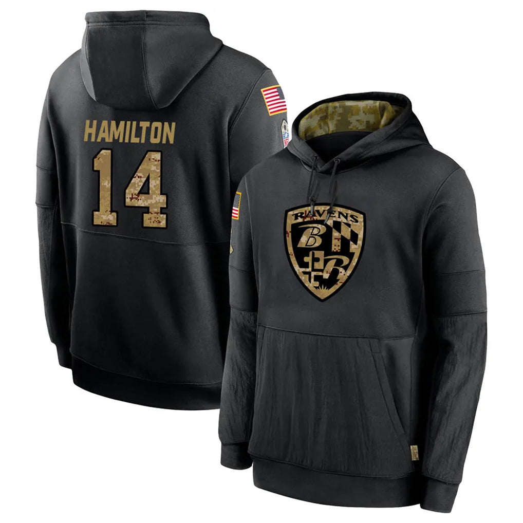 Davalo B.Ravens #14 Kyle Hamilton Player Black Salute to Service Pullover Hoodie Stitched Jerseys