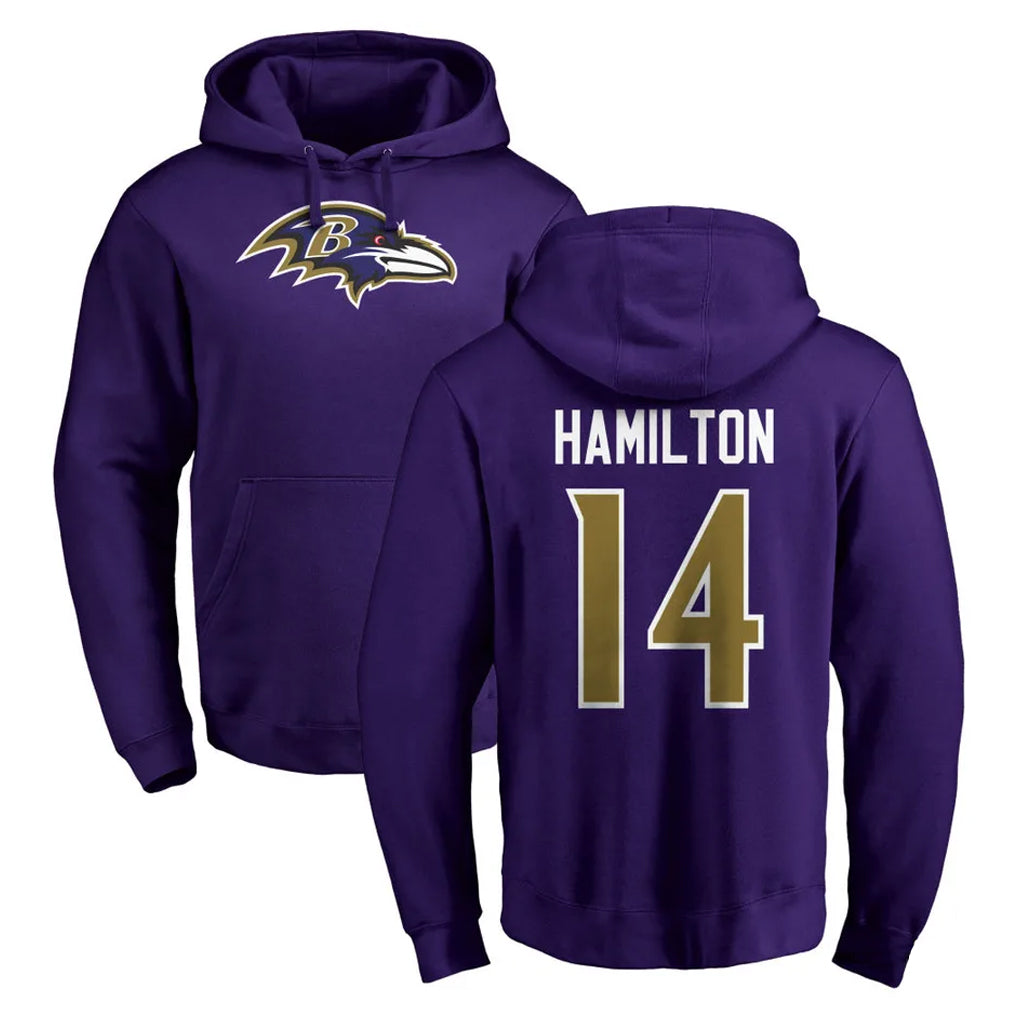 Davalo B.Ravens #14 Kyle Hamilton Player Purple Salute to Service Pullover Hoodie Stitched Jerseys