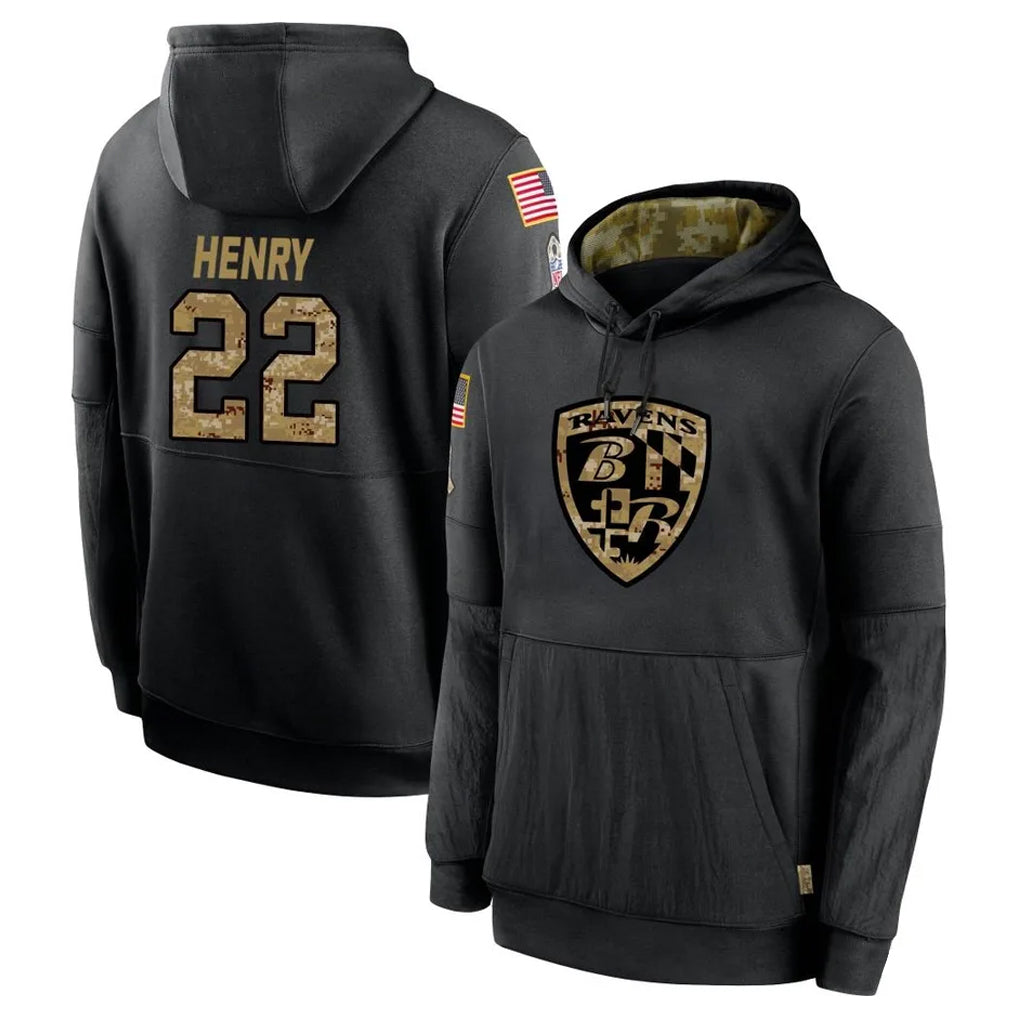 Davalo B.Ravens #22 Derrick Henry Player Black Salute to Service Pullover Hoodie Stitched Jerseys