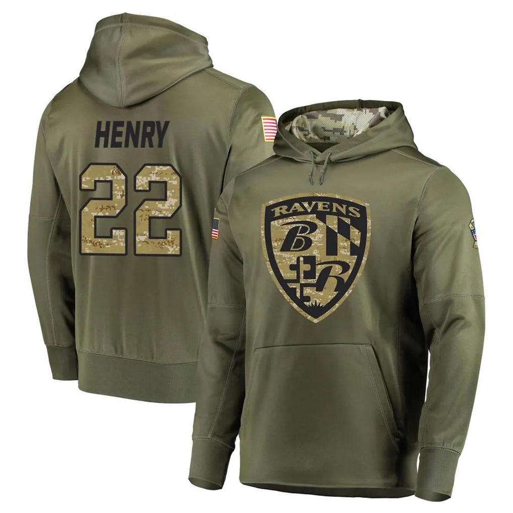 Davalo B.Ravens #22 Derrick Henry Player Olive Salute to Service Pullover Hoodie Stitched Jerseys