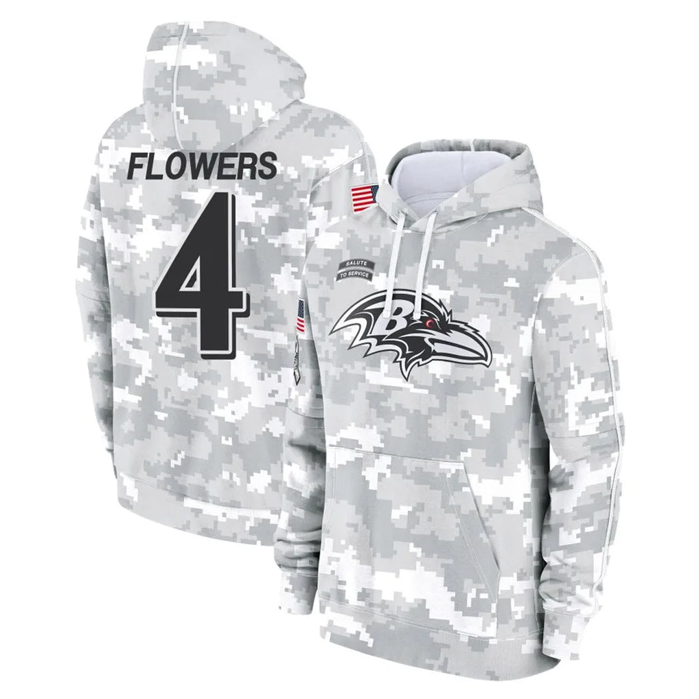 Davalo B.Ravens #4 Zay Flowers Player Arctic Camo Salute to Service Pullover Hoodie Stitched Jerseys