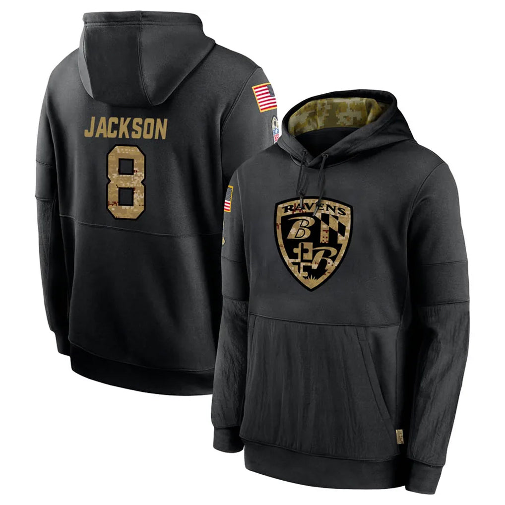 Davalo B.Ravens #8 Lamar Jackson Player Black Salute to Service Pullover Hoodie Stitched Jerseys