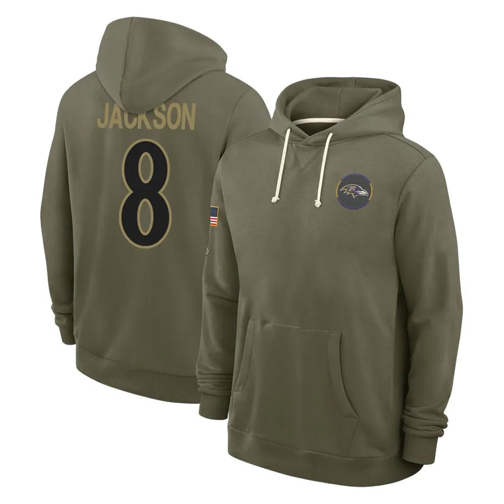 Davalo B.Ravens #8 Lamar Jackson Player Olive Salute to Service Hoodie Stitched Jerseys