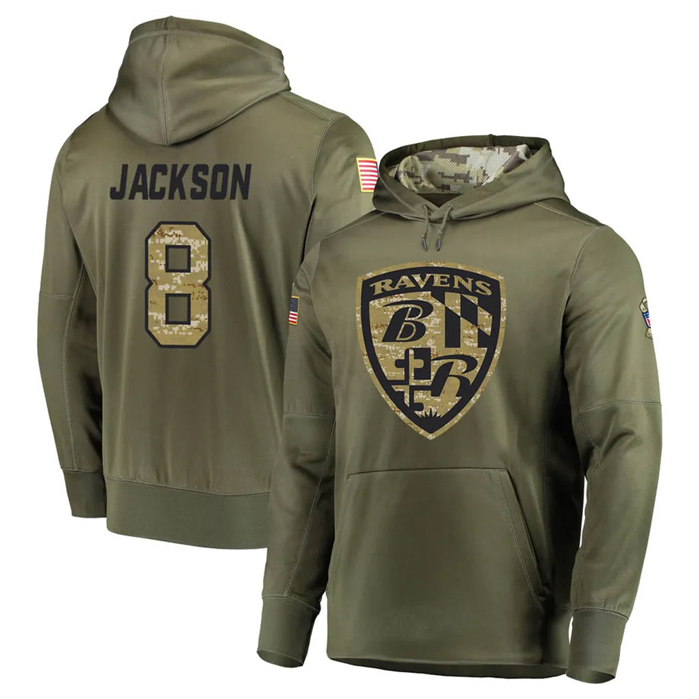 Davalo B.Ravens #8 Lamar Jackson Player Olive Salute to Service Pullover Hoodie Stitched Jerseys