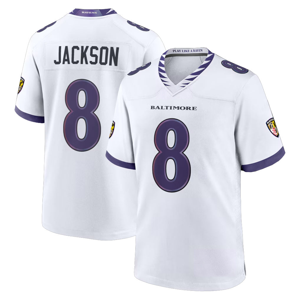 Davalo B.Ravens #8 Lamar Jackson Player White Home Game Stitched Jerseys