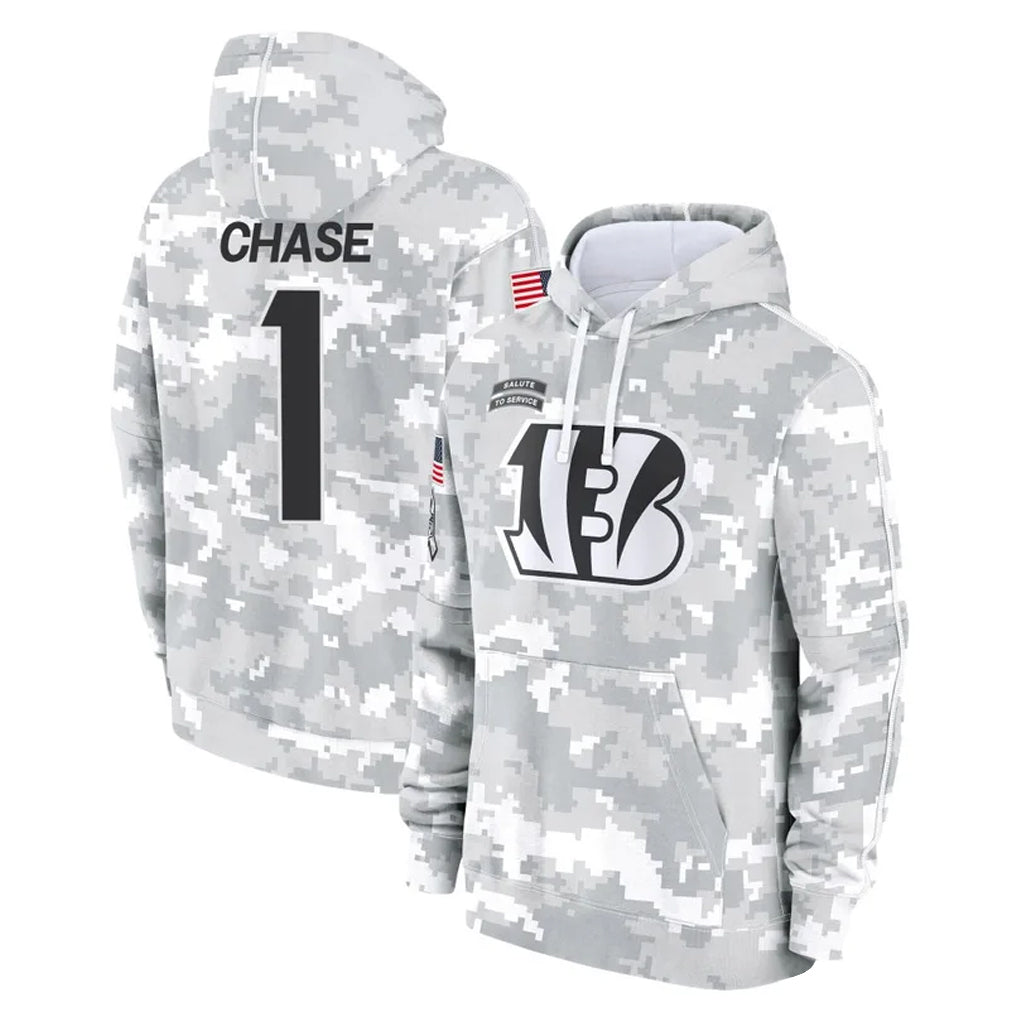 Davalo C.Bengals #1 Ja'Marr Chase Player Arctic Camo Salute to Service Pullover Hoodie Limited Stitched Jerseys