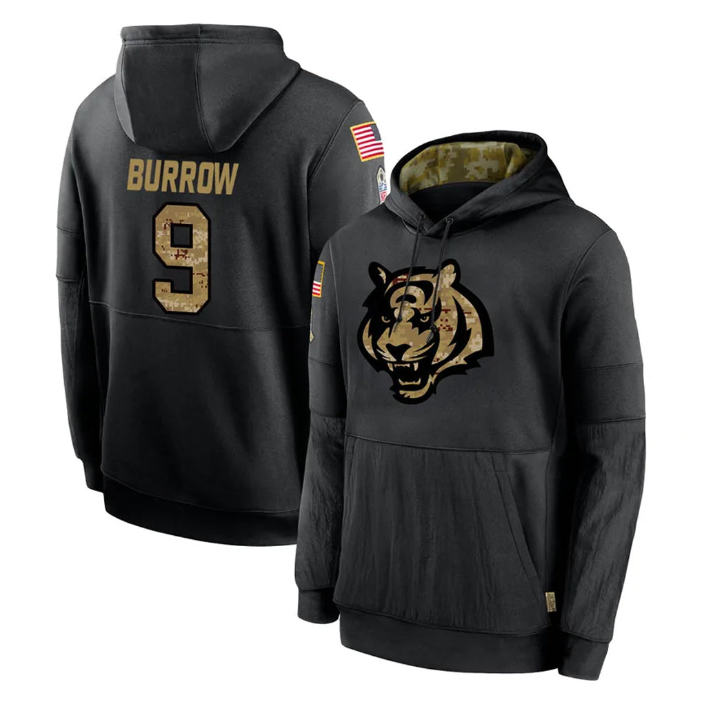 Davalo C.Bengals #9 Joe Burrow Player Black Salute to Service Pullover Hoodies Limited Stitched Jerseys