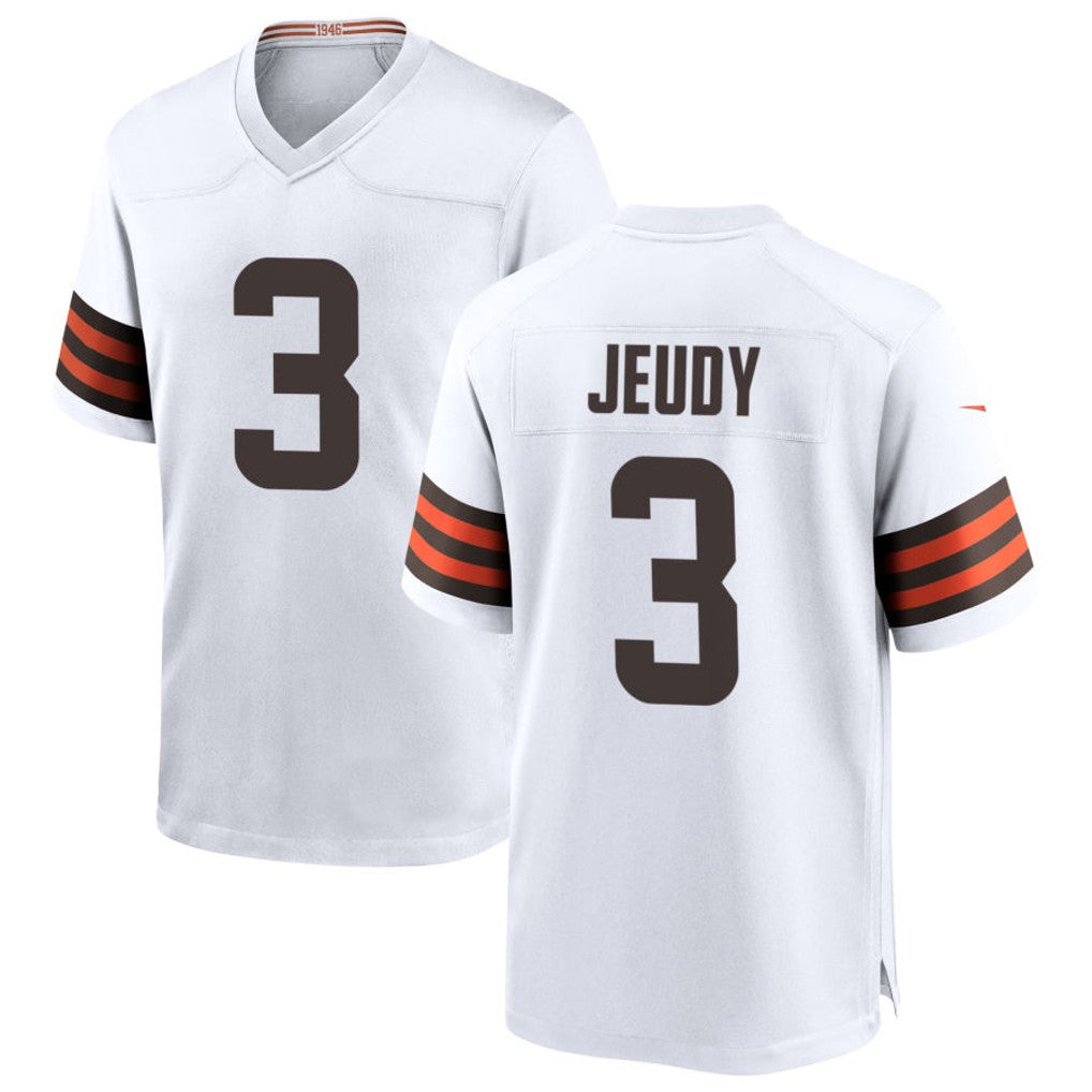 DavaloC.Browns #3 Jerry Jeudy Player White Home Game Stitched Jerseys