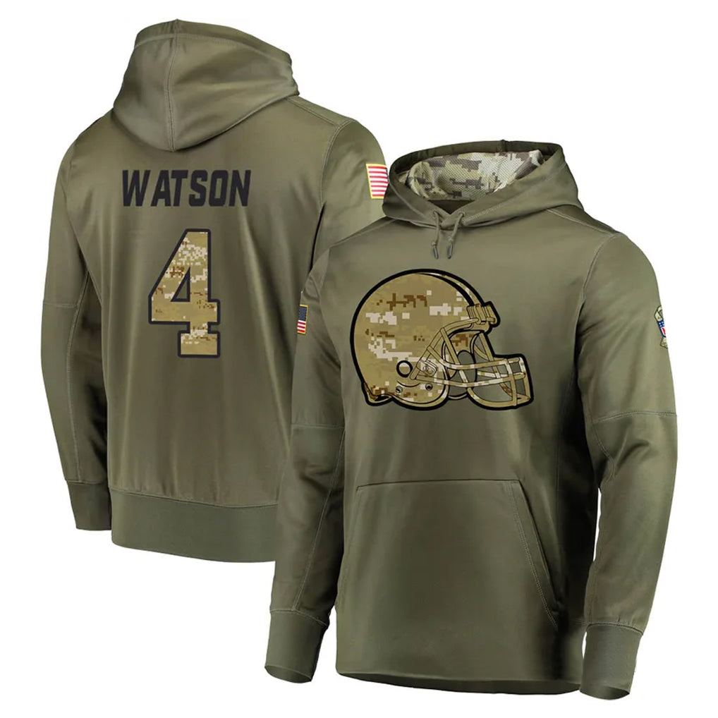Davalo C.Browns #4 Deshaun Watson Player Olive Salute to Service Pullover Hoodies Home Game Stitched Jerseys
