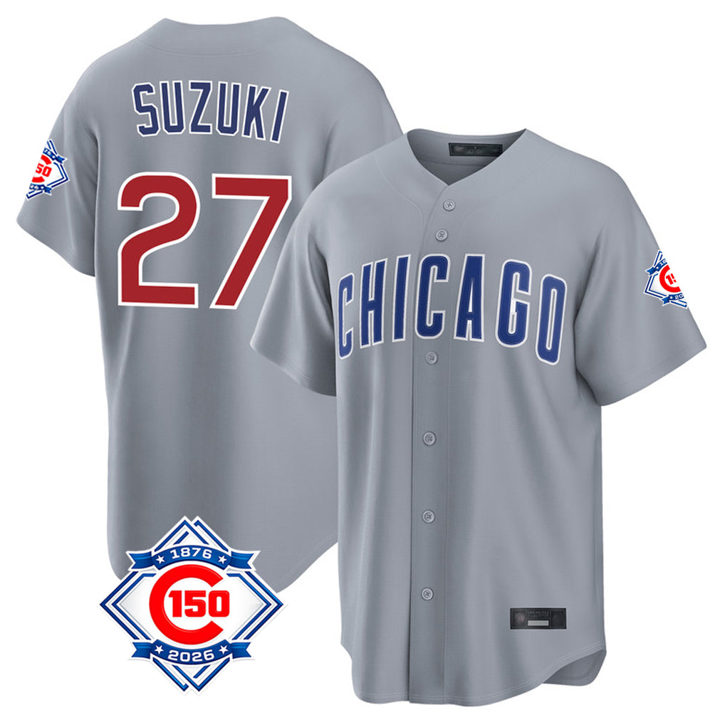 Davalo C.Cubs #27 Seiya Suzuki Player Gray 150th Anniversary Home Game Stitched Jerseys