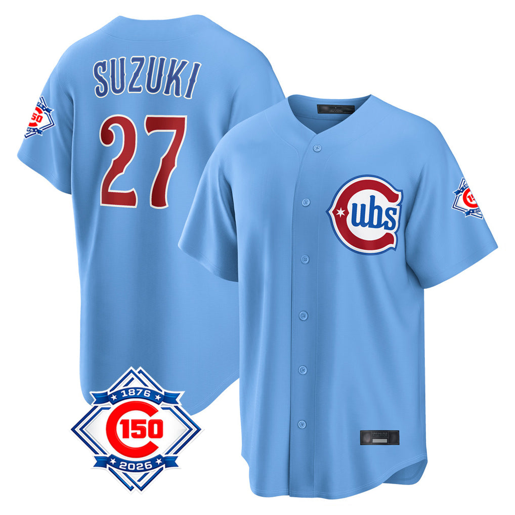 Davalo C.Cubs #27 Seiya Suzuki Player Light Blue 150th Anniversary Home Game Stitched Jerseys