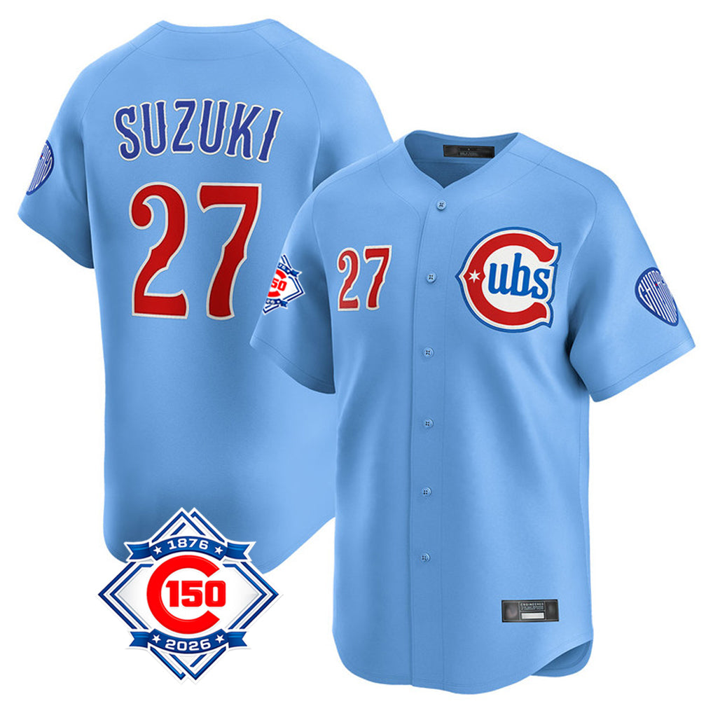 Davalo C.Cubs #27 Seiya Suzuki Player Light Blue 150th Anniversary Limited Home Stitched Jerseys