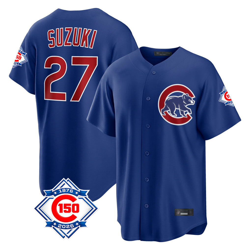 Davalo C.Cubs #27 Seiya Suzuki Player Royal 150th Anniversary Home Game Stitched Jerseys