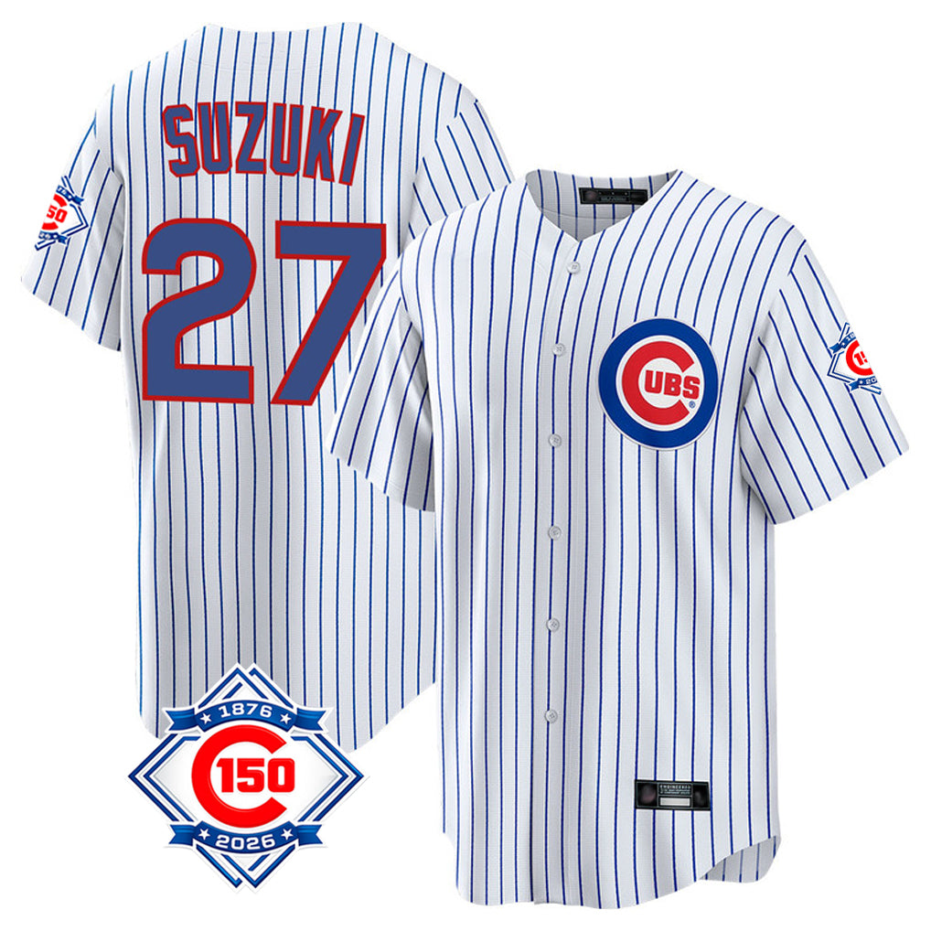 Davalo C.Cubs #27 Seiya Suzuki Player White 150th Anniversary Home Game Stitched Jerseys