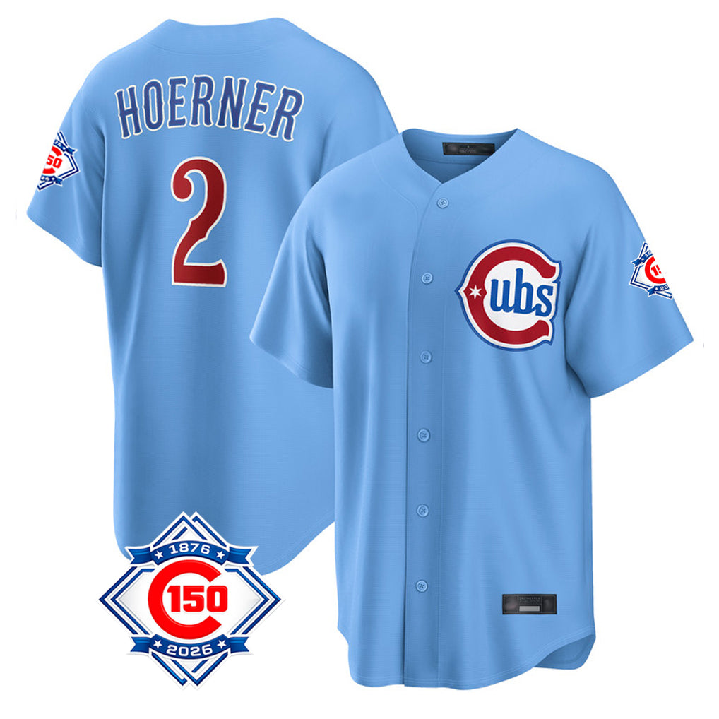 Davalo C.Cubs #2 Nico Hoerner Player Light Blue 150th Anniversary Home Game Stitched Jerseys