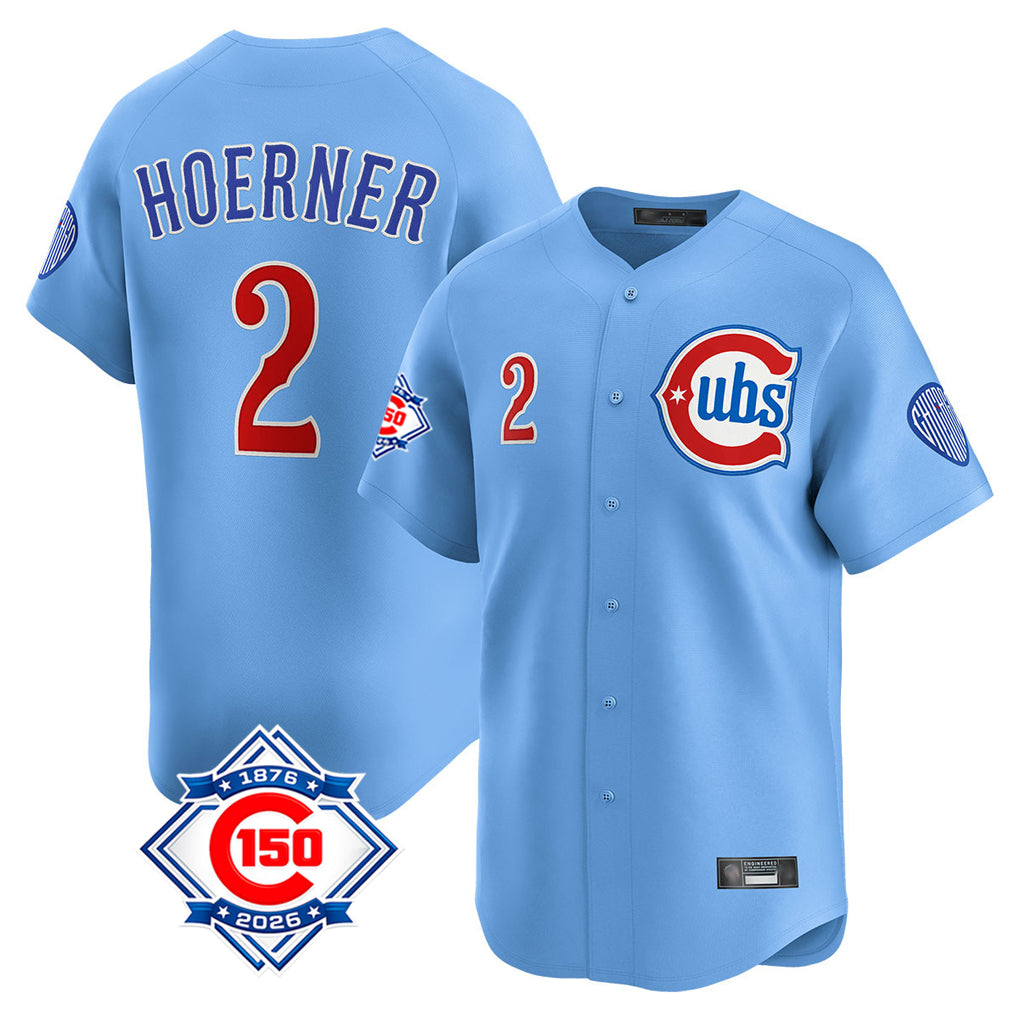 Davalo C.Cubs #2 Nico Hoerner Player Light Blue 150th Anniversary Limited Home Stitched Jerseys