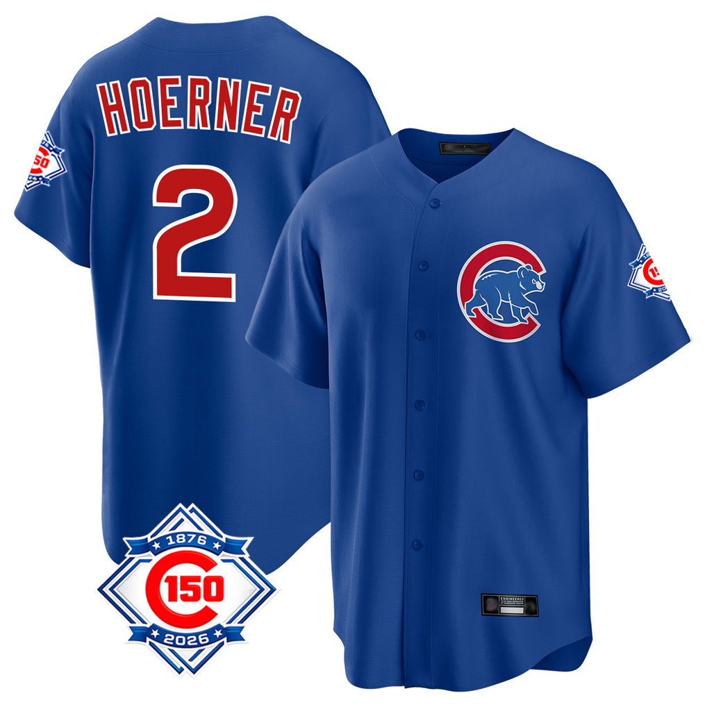 Davalo C.Cubs #2 Nico Hoerner Player Royal 150th Anniversary Home Game Stitched Jerseys