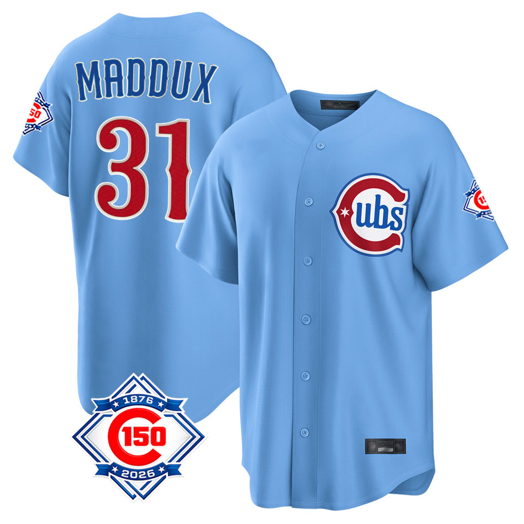 Davalo C.Cubs #31 Greg Maddux Player Light Blue 150th Anniversary Home Game Stitched Jerseys
