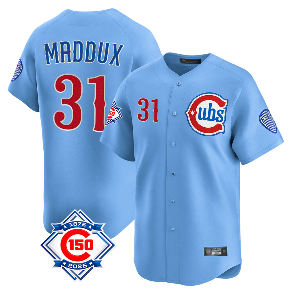 Davalo C.Cubs #31 Greg Maddux Player Light Blue 150th Anniversary Limited Home Stitched Jerseys