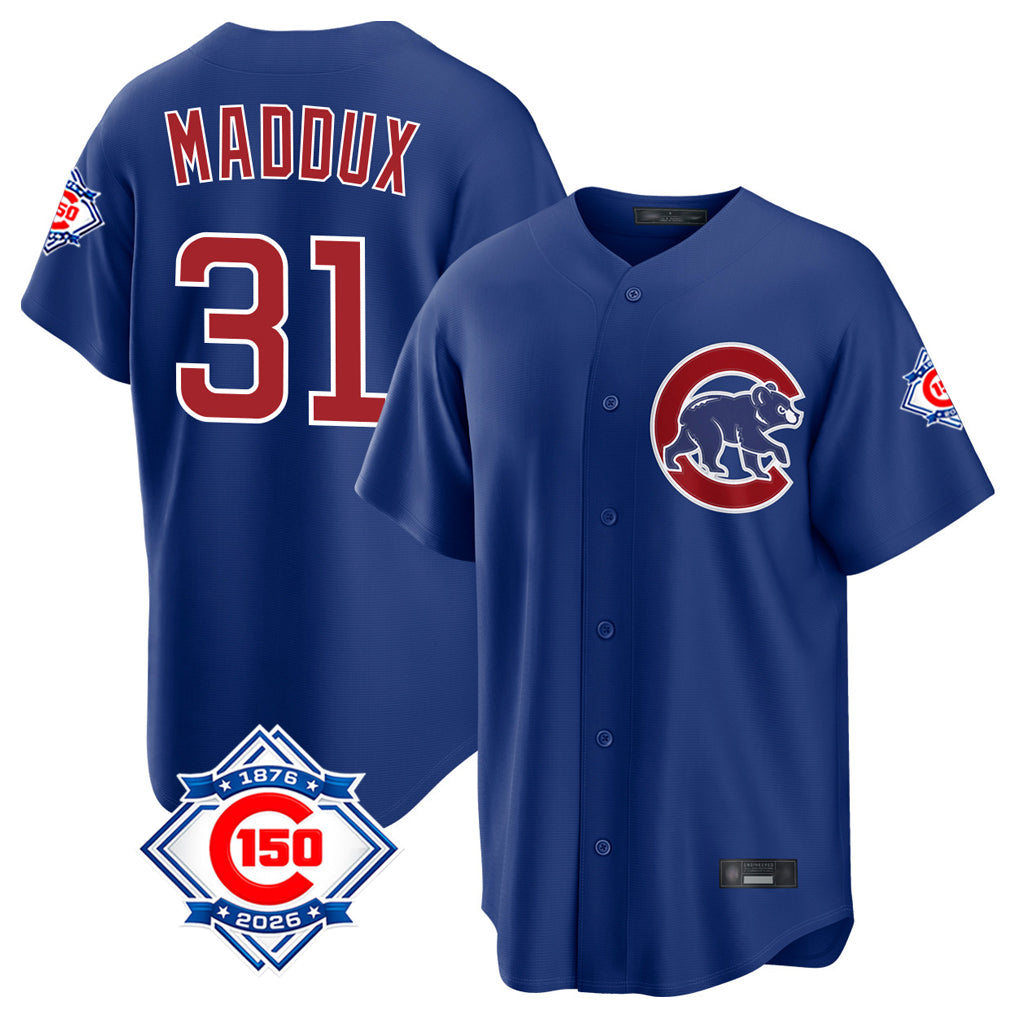 Davalo C.Cubs #31 Greg Maddux Player Royal 150th Anniversary Home Game Stitched Jerseys