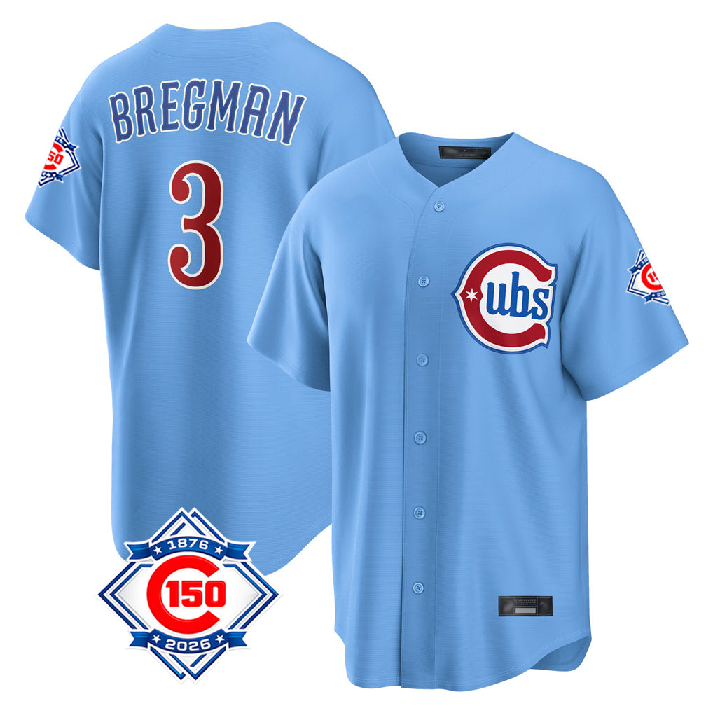 Davalo C.Cubs #3 Alex Bregman Light Blue 150th Anniversary Home Game Stitched Jerseys