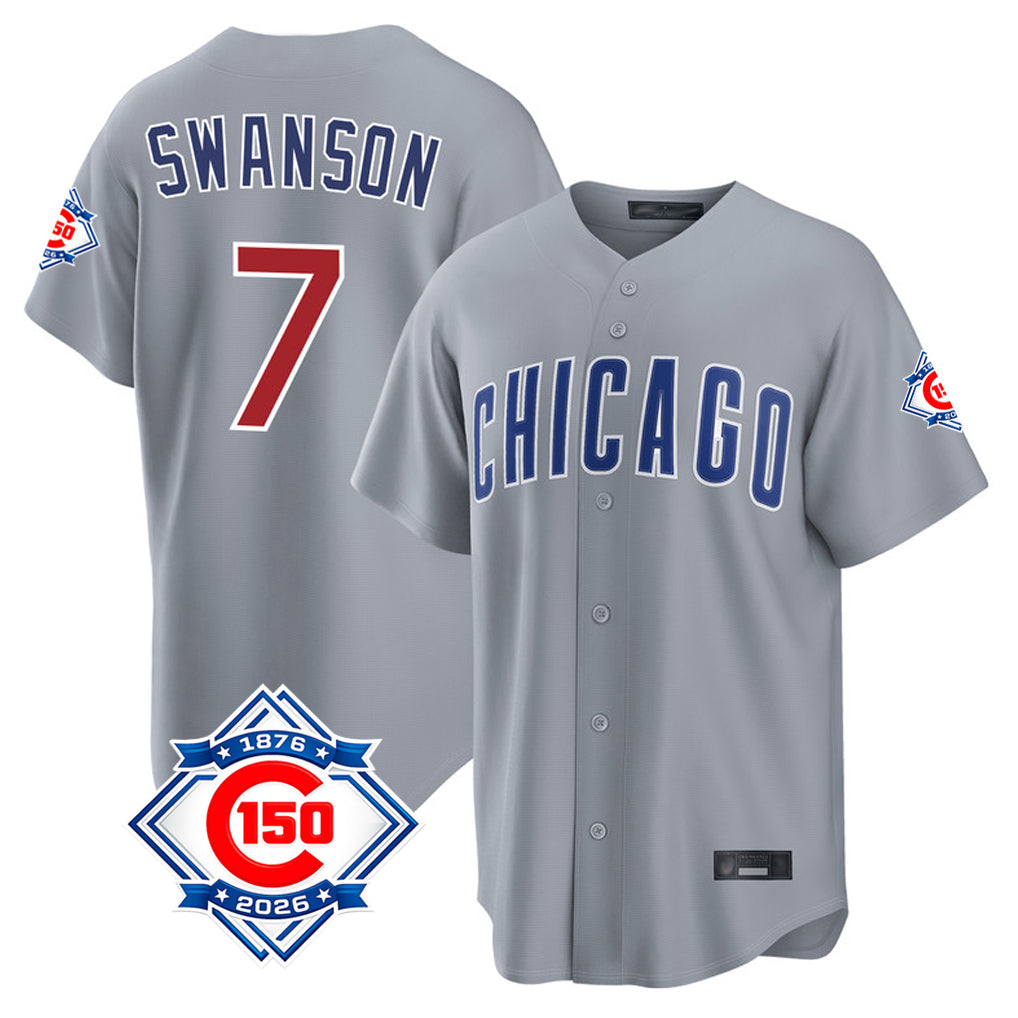 Davalo C.Cubs #7 Dansby Swanson Player Gray 150th Anniversary Home Game Stitched Jerseys