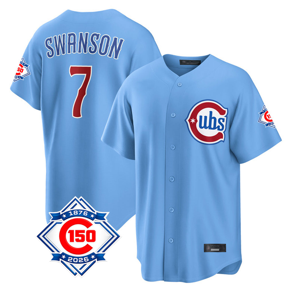 Davalo C.Cubs #7 Dansby Swanson Player Light Blue 150th Anniversary Home Game Stitched Jerseys