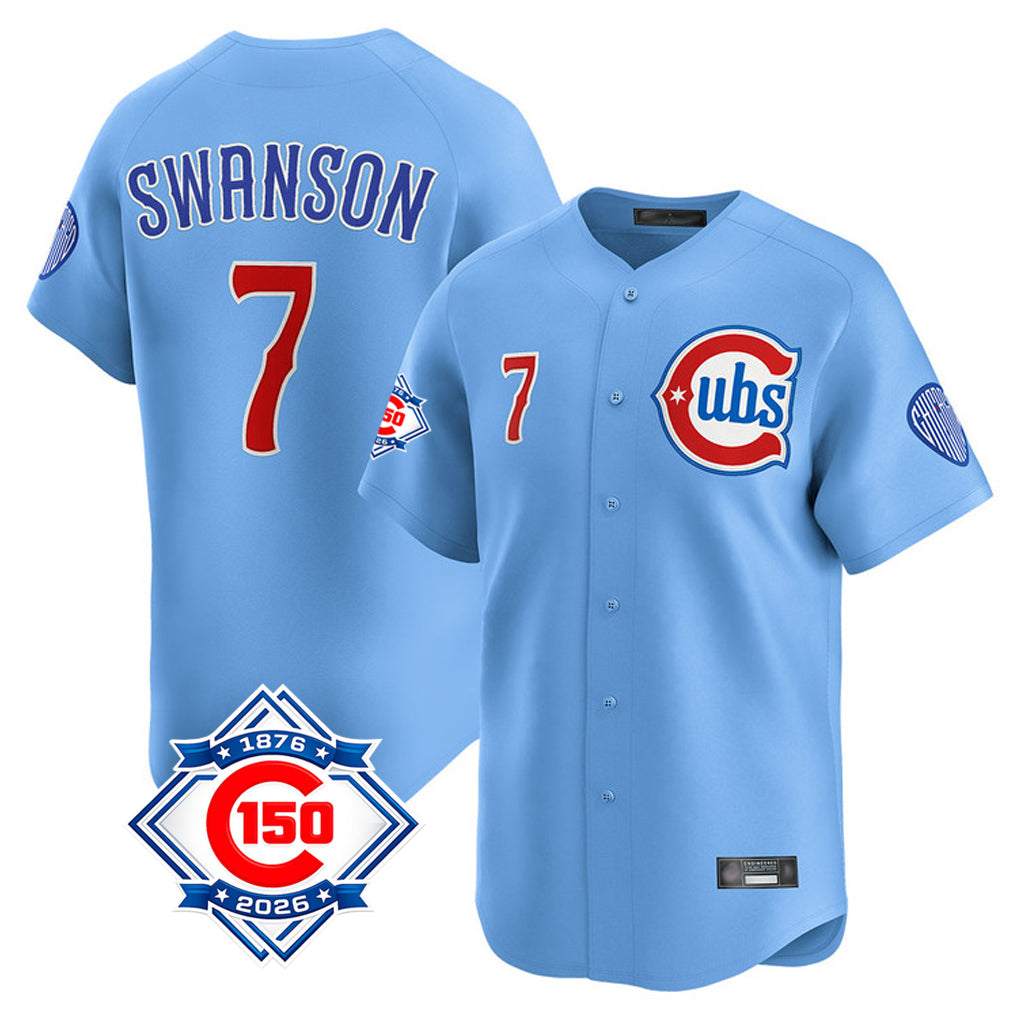 Davalo C.Cubs #7 Dansby Swanson Player Light Blue 150th Anniversary Limited Home Stitched Jerseys