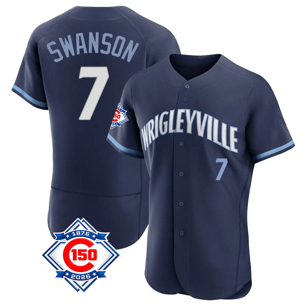 Davalo C.Cubs #7 Dansby Swanson Player Navy City Connect 150th Anniversary Limited Elite Home Stitched Jerseys