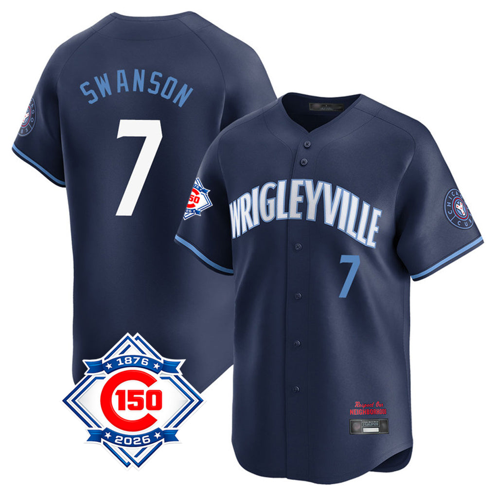 Davalo C.Cubs #7 Dansby Swanson Player Navy City Connect 150th Anniversary Limited Home Stitched Jerseys