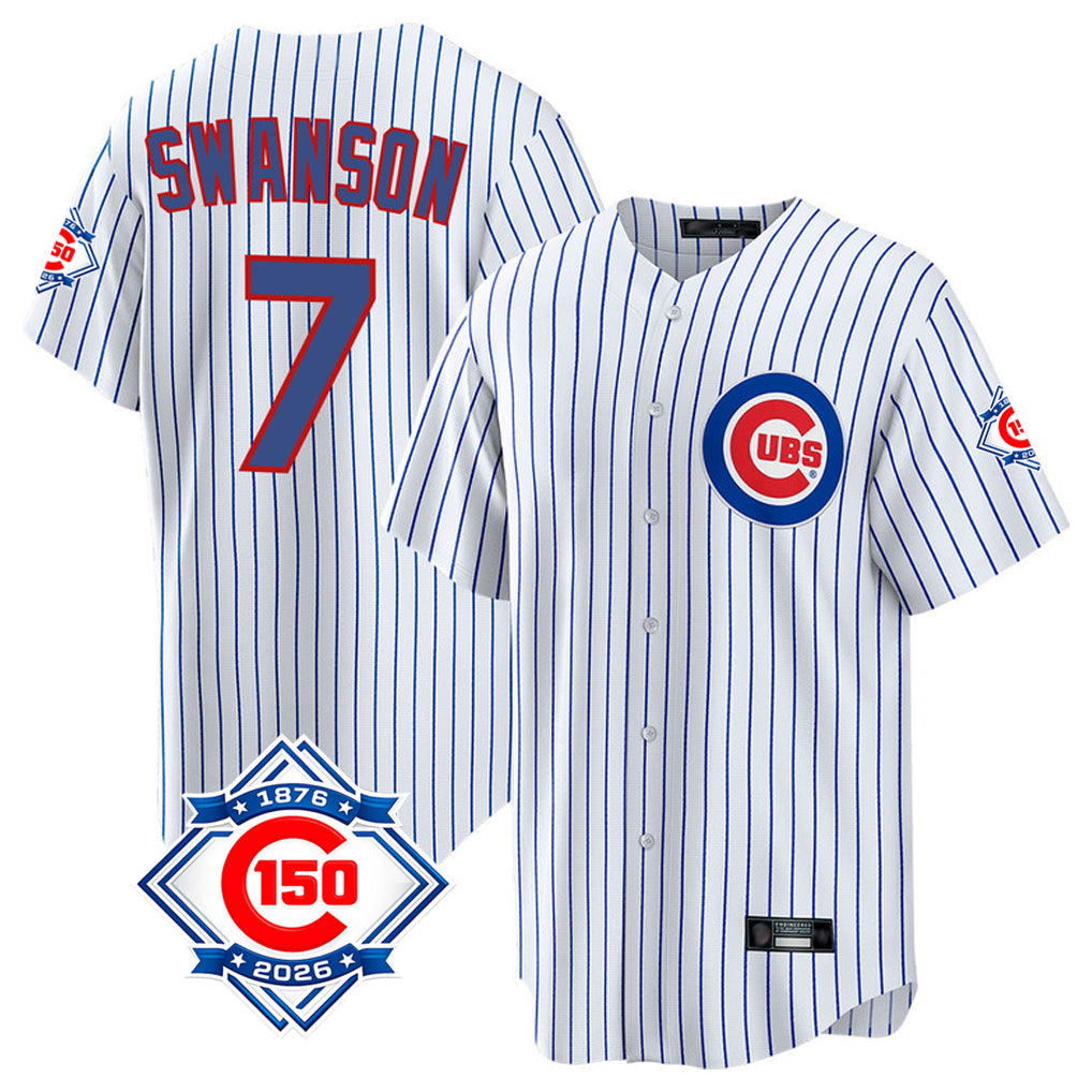 Davalo C.Cubs #7 Dansby Swanson Player White 150th Anniversary Home Game Stitched Jerseys