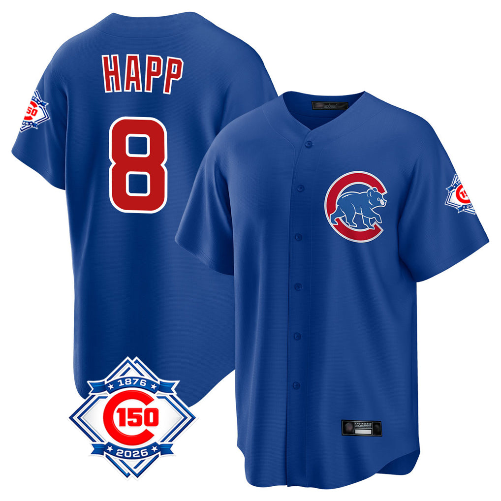 Davalo C.Cubs #8 Ian Happ Player Royal 150th Anniversary Home Game Stitched Jerseys