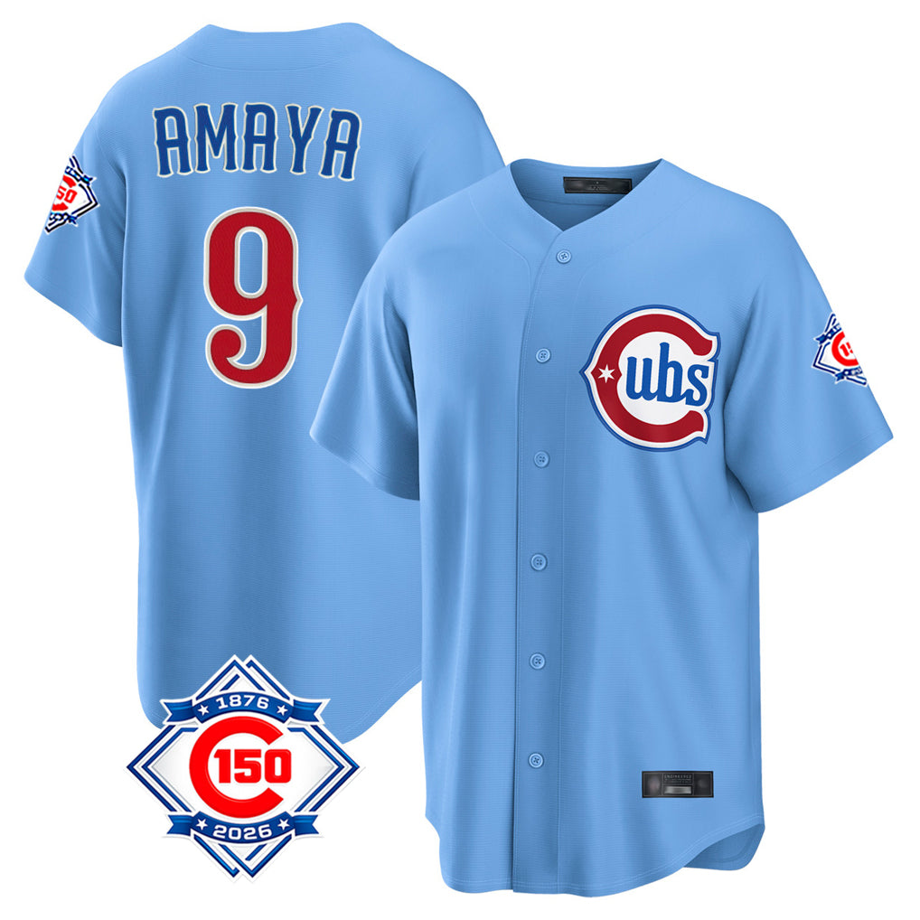 Davalo C.Cubs #9 Miguel Amaya Player Light Blue 150th Anniversary Home Game Stitched Jerseys
