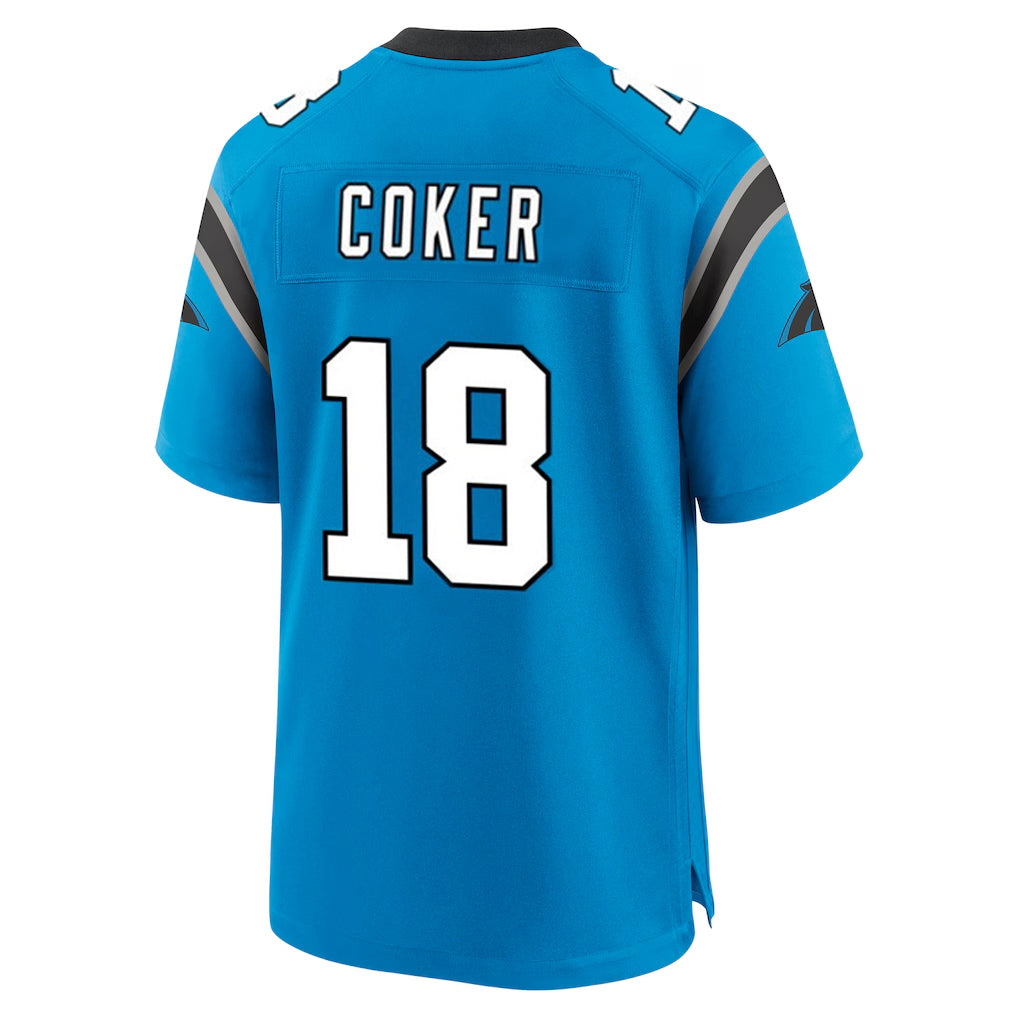 Davalo C.Panthers #18 Jalen Coker Player Blue Home Game Stitched Jerseys