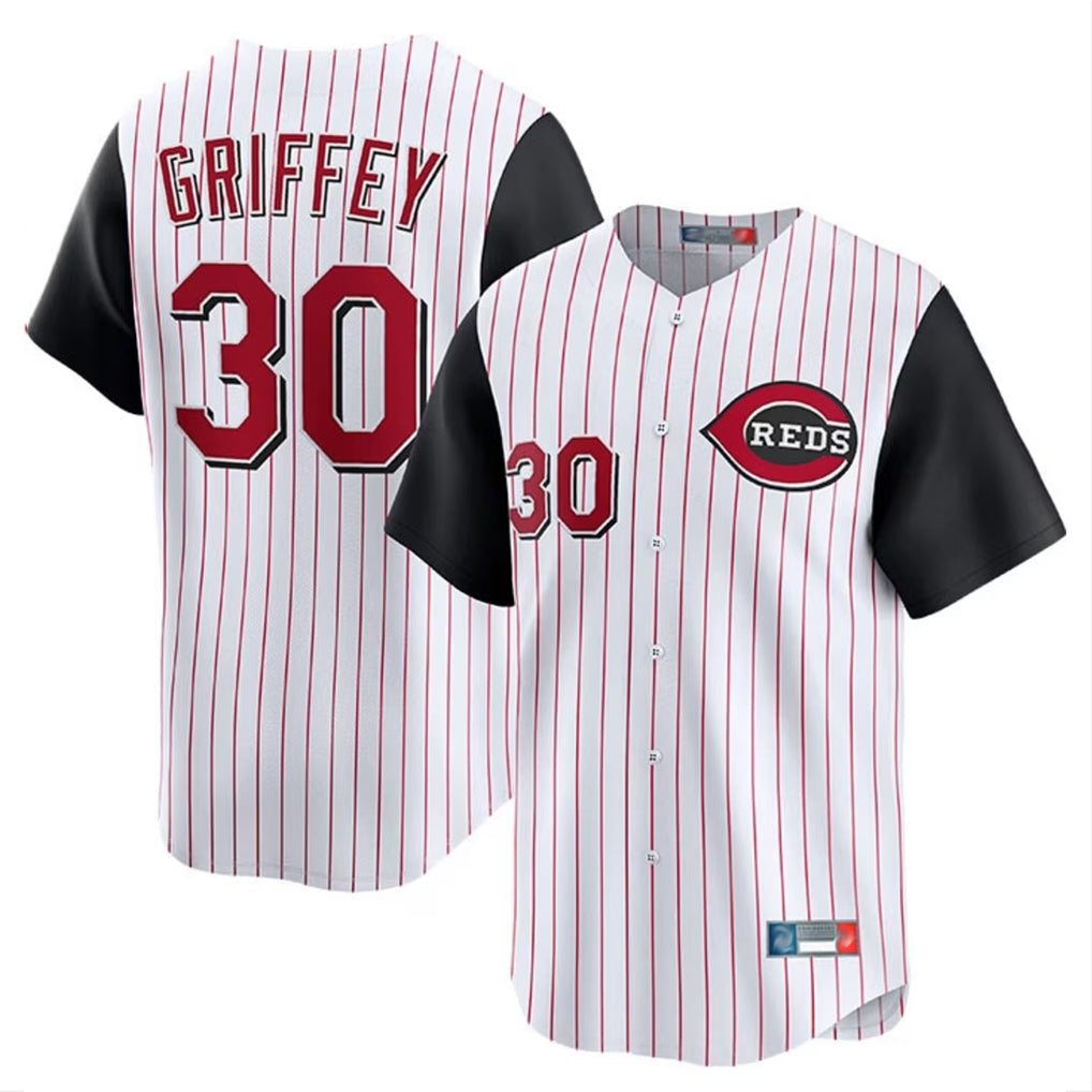 Davalo C.Reds #30 Ken Griffey Player White Black Stripe Field of Dreams Game Home Stitched Jerseys