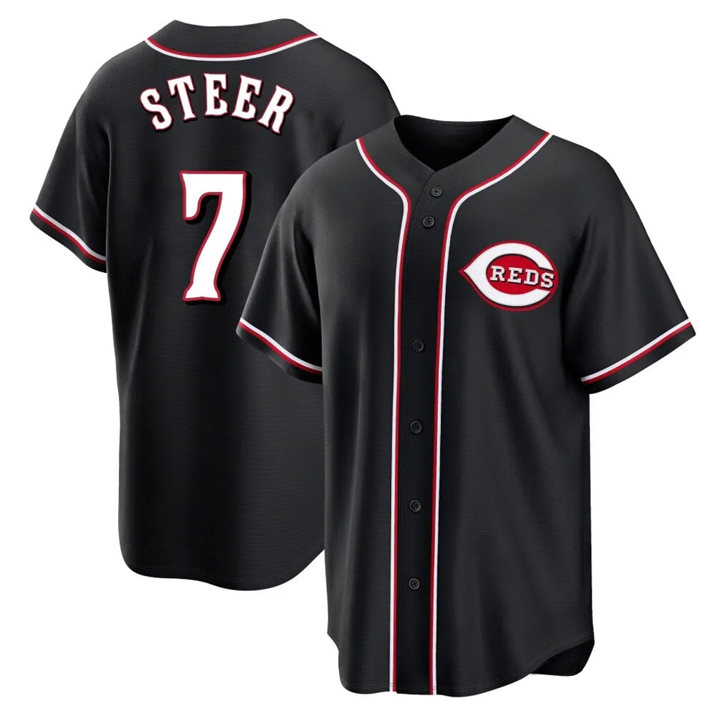 Davalo C.Reds #7 Spencer Steer Player Black Fashion Out Home Game Stitched Jerseys