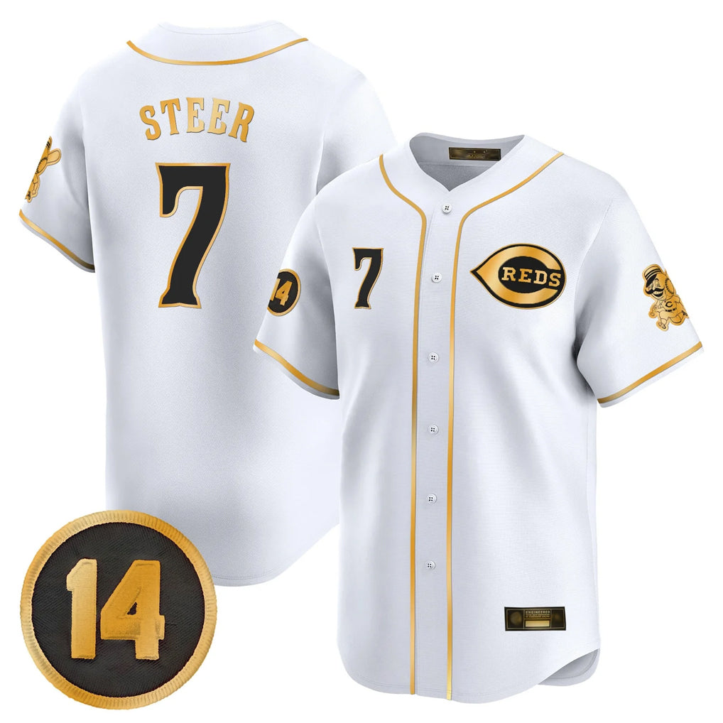 Davalo C.Reds #7 Spencer Steer Player White-Gold Vapor Premier Limited Home Stitched Jerseys