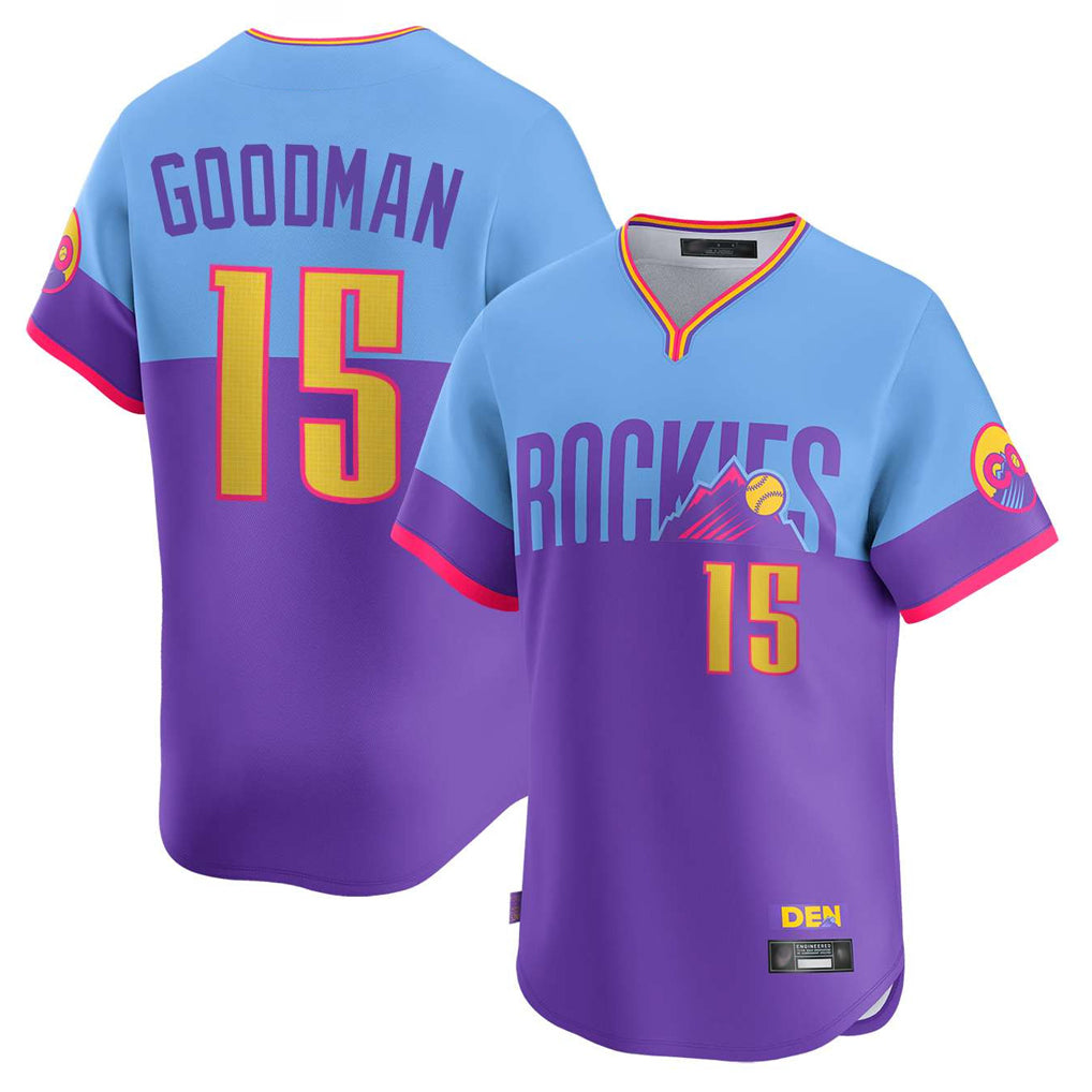 Davalo C.Rockies #15 Hunter Goodman Player Purple-Light Blue City Connect Limited Home T-shirt Stitched Jerseys
