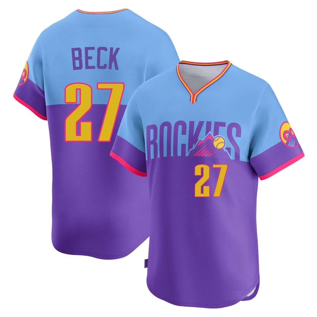 Davalo C.Rockies #27 Jordan Beck Player Purple-Light Blue City Connect Limited Home T-shirt Stitched Jerseys