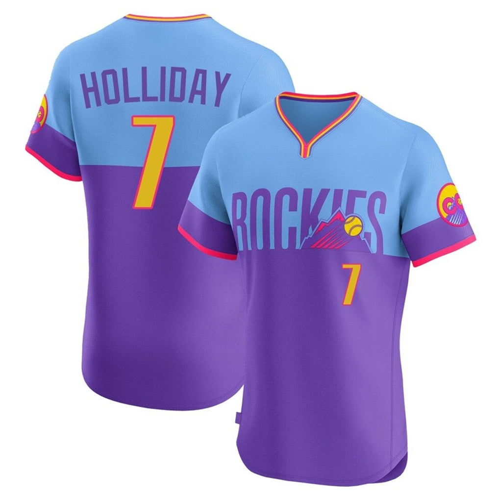 Davalo C.Rockies #7 Matt Holliday Player Purple-Light Blue City Connect Limited Elite Home T-shirt Stitched Jerseys