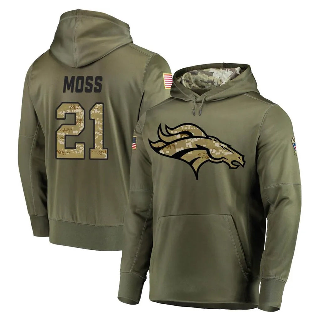 Davalo D.Broncos #21 Riley Moss Player Olive Salute to Service Pullover Hoodies Home Game Stitched Jerseys