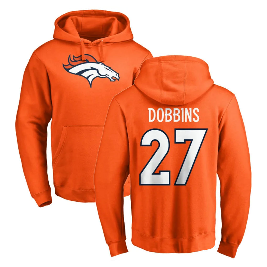 Davalo D.Broncos #27 J.K. Dobbins Player Orange Pullover Hoodie Limited Stitched Jerseys