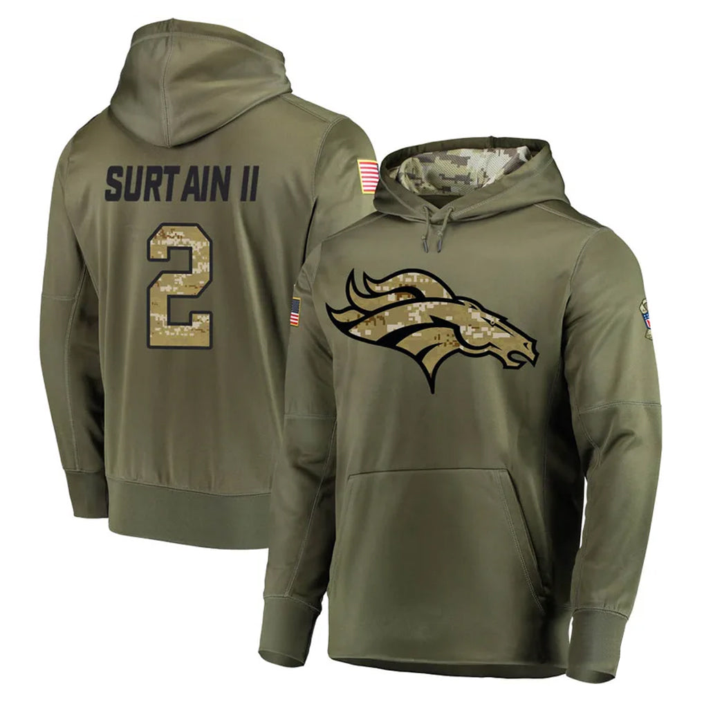 Davalo D.Broncos #2 Pat Surtain II Player Olive Salute to Service Pullover Hoodies Home Game Stitched Jerseys