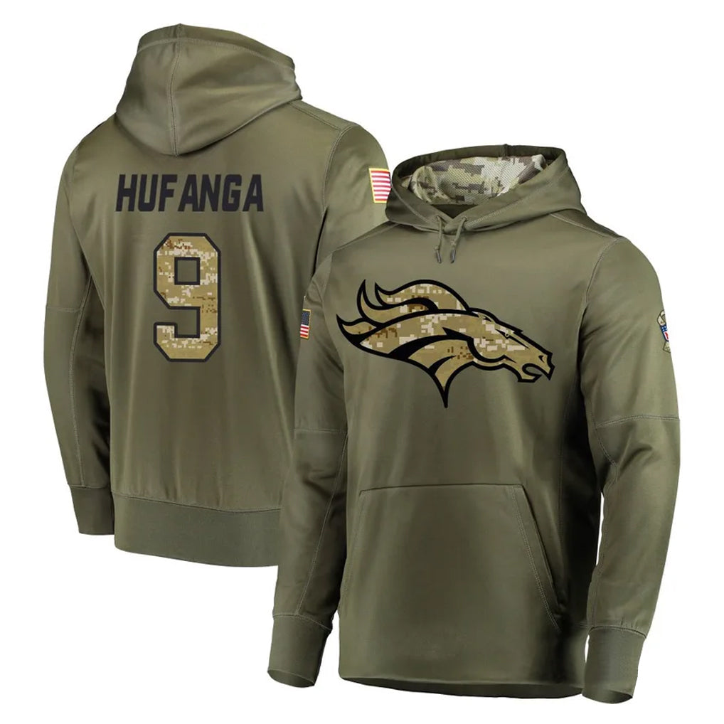 Davalo D.Broncos #9 Talanoa Hufanga Player Olive Salute to Service Pullover Hoodies Home Game Stitched Jerseys