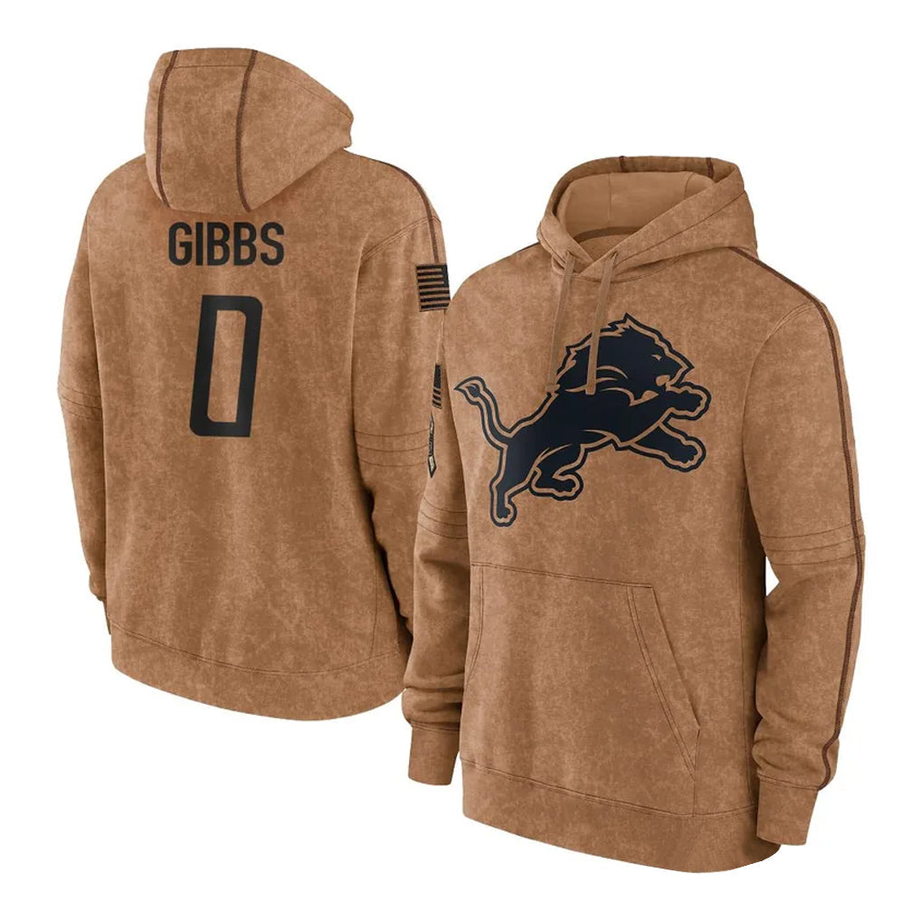Davalo D.Lions #0 Jahmyr Gibbs Player Brown Salute to Service Hoodies Limited Game Stitched Jerseys