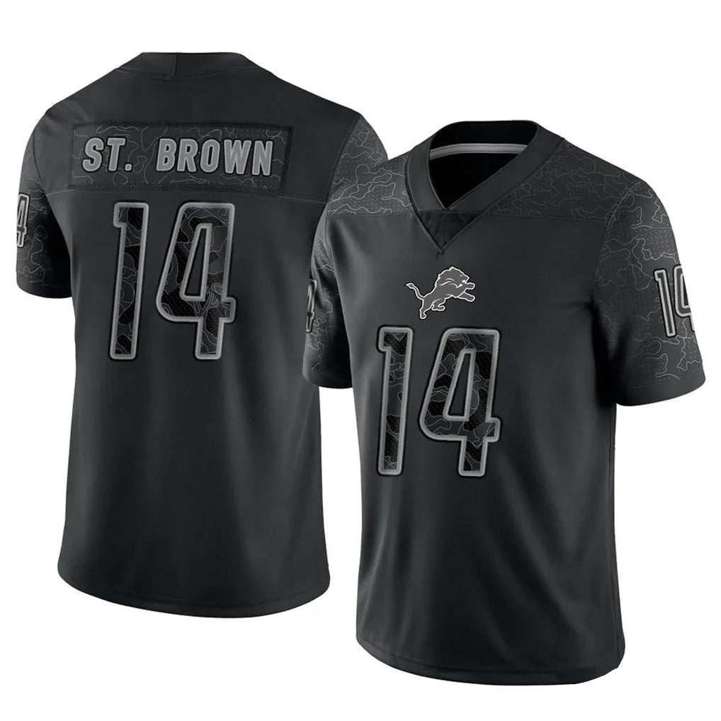 Davalo D.Lions #14 Amon-Ra St. Brown Player Black REFLECTIVE Limited Stitched Jerseys