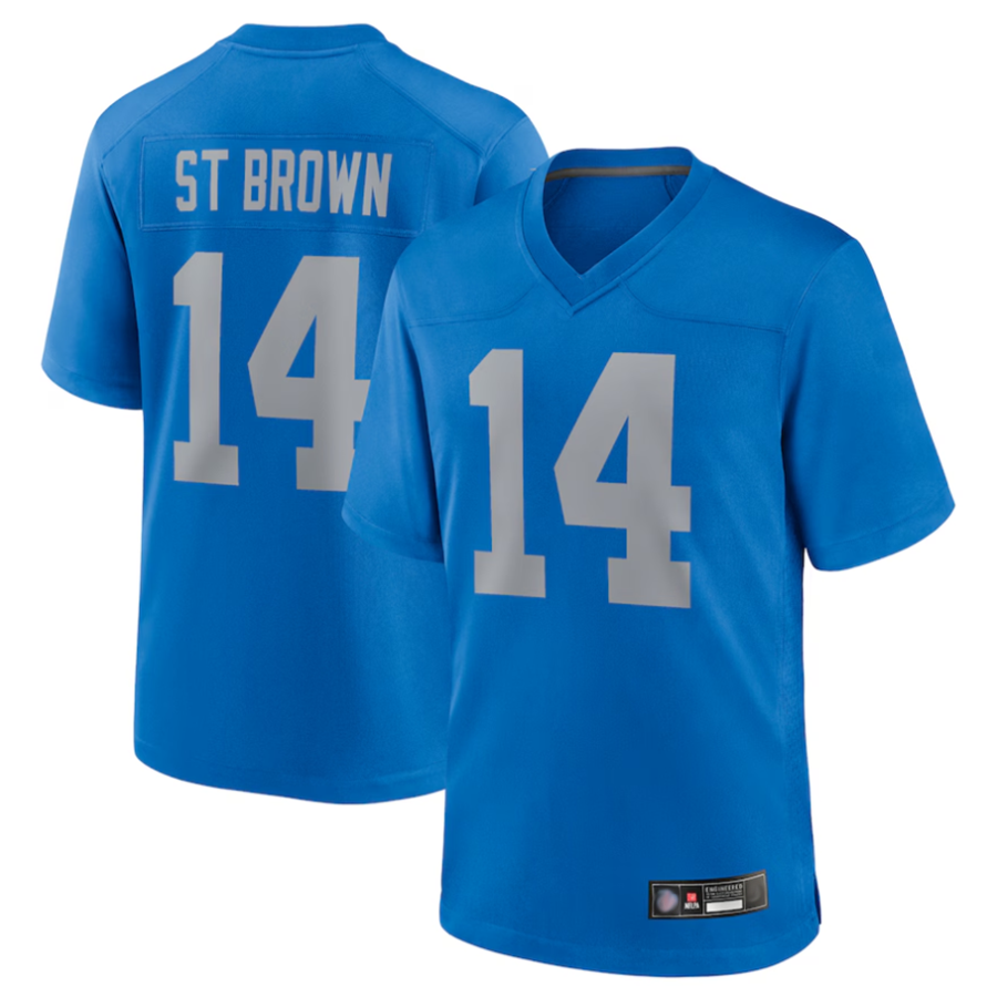 Davalo D.Lions #14 Amon-Ra St. Brown Player Blue Game Replica Stitched Jerseys